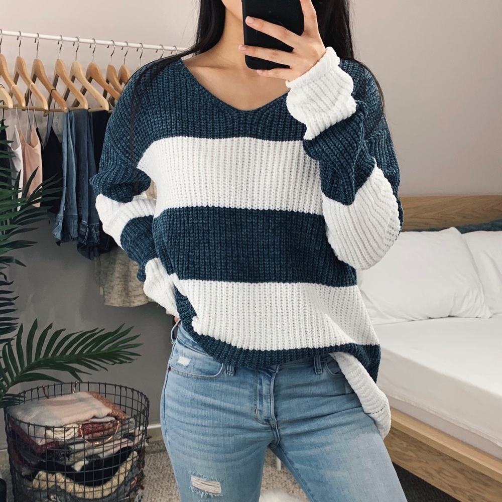 🆕 Madison - Teal + White Striped Sweater - Picture 5 of 8